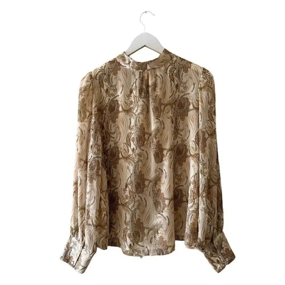 Joie PAISLEY PRINTED RETRO BLOUSE Linen IN BROWN Cream SZ L #1955 - Picture 6 of 11